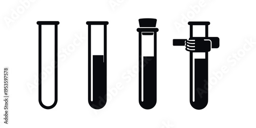 Four test tube icons showing empty, partially filled, capped, and held tube silhouettes.