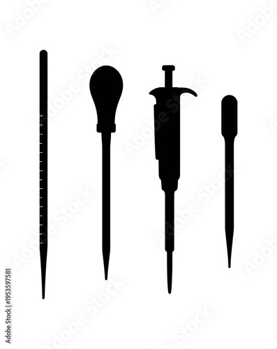 Four black silhouette pipette and dropper tools including a micropipette and bulb pipettes.