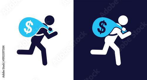 Person running with money bag - Minimalist, flat icon, outline, glyph, linear, clipart, sticker - icon set