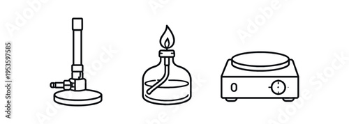 Line art outline icons of a bunsen burner, spirit lamp, and laboratory hot plate