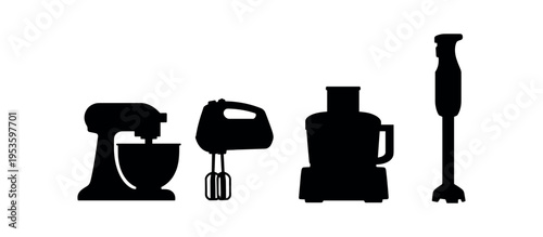 Black silhouette icons of a stand mixer, hand mixer, food processor and immersion blender