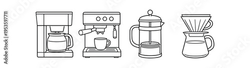 Outline line icons of a drip coffee maker, espresso machine, french press and pour over brewer