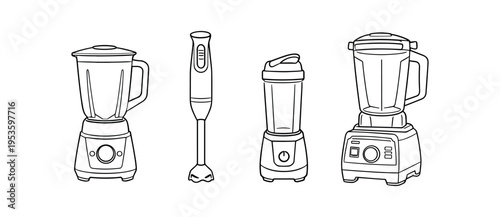Black line outline drawings of two countertop blenders, a stick blender and a personal blender