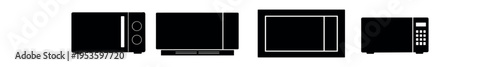 Black silhouette icons of four microwave ovens with different shapes