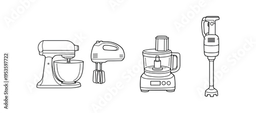 Black outline line illustrations of kitchen appliances including stand mixer, hand mixer, food processor and stick blender
