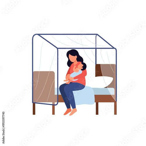 Woman holding baby inside a bed net for protection