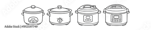Four outlined cooking pots and electric multicookers in simple line art