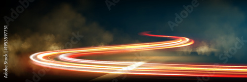 Dynamic road motion with neon light trails and speed effect at night, abstract vector background. Futuristic highway perspective with glowing orange energy lines, blur and smoke clouds