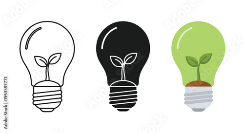 Eco light bulb icons set green energy idea - Clipart, logo template - Vector icon set - Glyph and solid icon set - Icon vector - Flat Design Icon - line icon set - Silhouette icon - Logo vector