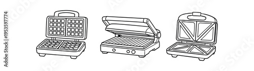 Three detailed outline line drawings of sandwich presses and waffle irons with visible plates and hinges