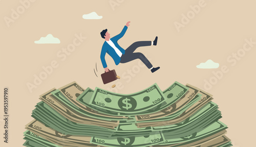 Insurance, reserve money or emergency fund business failure, mistake accident, compensation money support in to cushion concept, fail businessman falling huge or money banknotes safety cushion