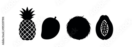 Four tropical fruit silhouette icons in solid black shapes.
