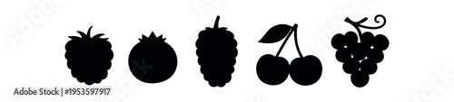 Solid black silhouette icons of assorted berries in a row