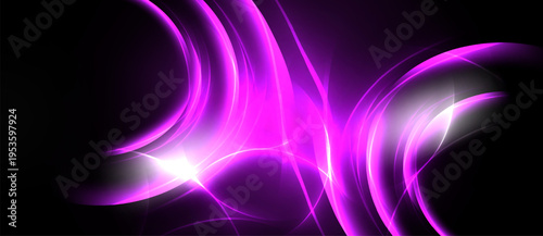 Abstract purple energy flows, bright light source. Dynamic curves create futuristic visual impact. Dark background emphasizes glowing lines.