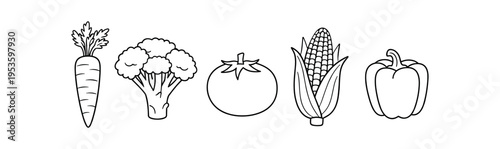 Five outlined vegetable icons showing carrot, broccoli, tomato, corn and bell pepper
