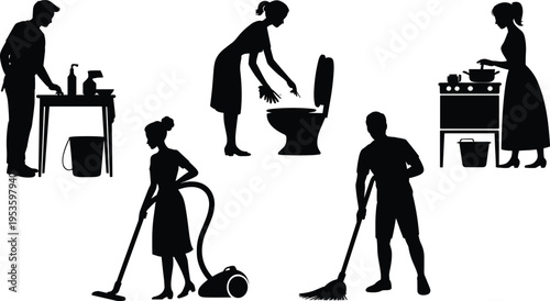 House cleaning silhouettes set with people doing chores cooking mopping vacuuming hygiene lifestyle vector illustration