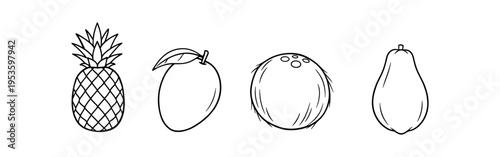 Black outline icons of pineapple, mango, coconut and papaya in a row