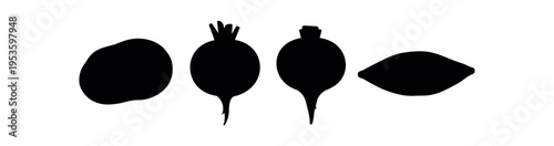 Four solid black root vegetable silhouettes including potato, beet and turnip shapes