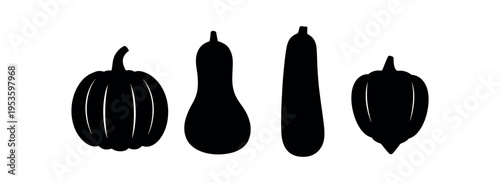 Black silhouette set of four gourds and pumpkins in different shapes.