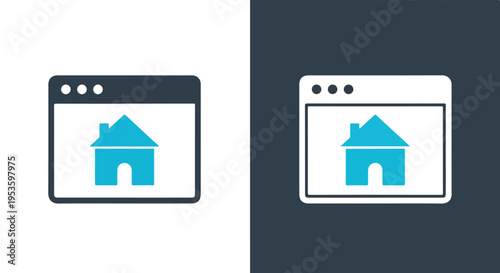 Two browser windows displaying house icons - Blue icon set - Modern style icon  - Glyph and solid icon set - Icon vector