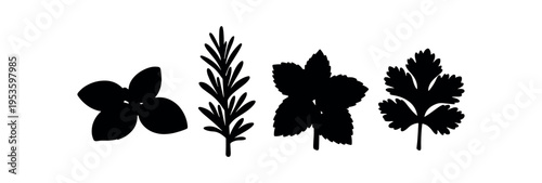 Four black silhouette herb leaves including basil, rosemary, mint, and cilantro.