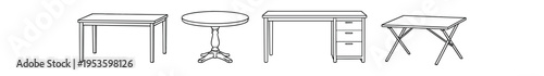 Four detailed line drawings of tables including rectangular, round pedestal, desk with drawers and folding table.