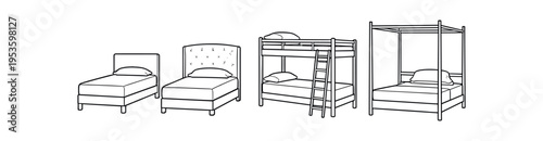 Four bed styles in line art including single, double, bunk and canopy variations.