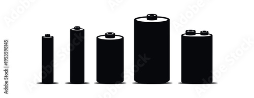 Black silhouette row of assorted battery cells in different sizes