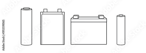Black outline vector illustrations of four different battery shapes including cylindrical cells and rectangular 9v style cells.