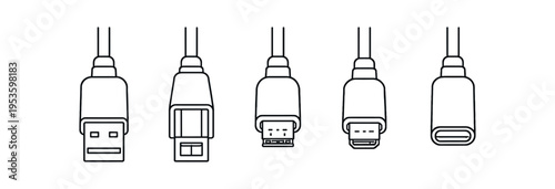 Line outline icons of cable connectors including usb a, ethernet style, mini and micro usb, and usb-c.