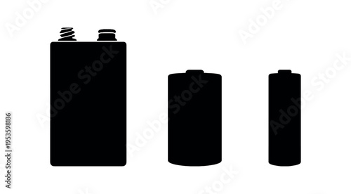 Solid black silhouettes of three battery types including a rectangular 9v style cell and two cylindrical cells.