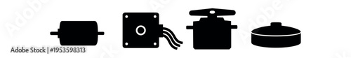 Four black silhouette motor and actuator icons including small motor, gearbox, valve actuator and round motor housing in solid style.