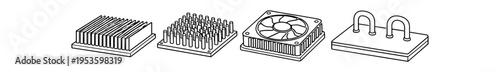 Line art illustrations of various heatsinks and cpu fans in outline style.