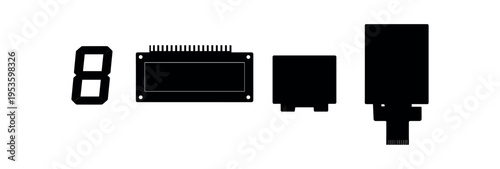 Black silhouette icons of seven-segment and rectangular display modules with connectors.