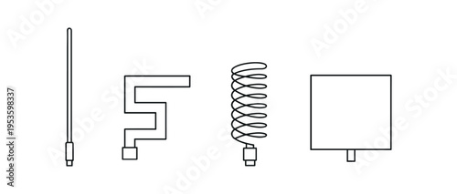 Four black outline technical parts including a long antenna, bent pipe, coiled spring and square block