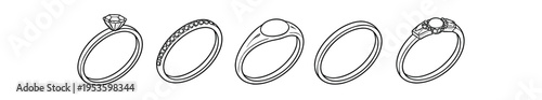 Five outline ring icons showing different engagement and wedding band settings in linear style