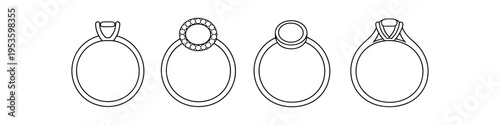 Four thin outline ring icons featuring solitaire and halo engagement settings in line art
