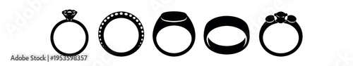 Five black ring silhouettes including solitaire, eternity, signet and plain band styles