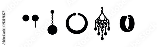 Collection of black silhouette earring shapes including stud, drop, hoop, chandelier and ear cuff.
