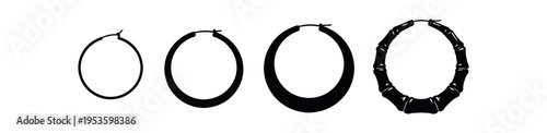 Four hoop earring silhouettes ranging from thin to thick and a textured bamboo style hoop.