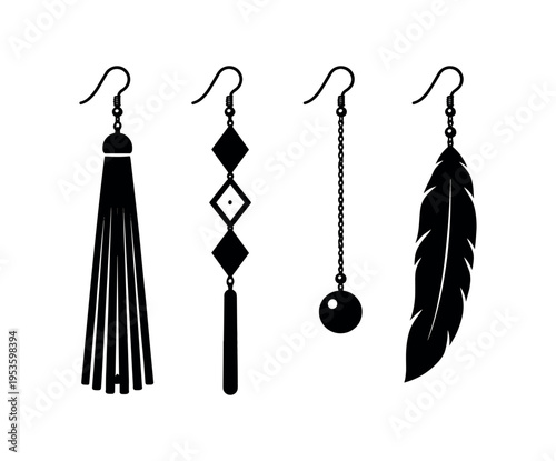 Four black silhouette earring designs: tassel, diamond geometric drop, chain with ball, and long feather.