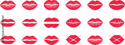 Red lips silhouettes collection with kiss marks lipstick prints romantic mouth icons vector set