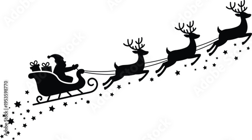 Santa Claus sleigh with flying reindeer silhouette on starry night Christmas holiday illustration vector