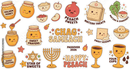 Cute Passover Sweets and Treats Sticker Collection with Honey and Matzah
