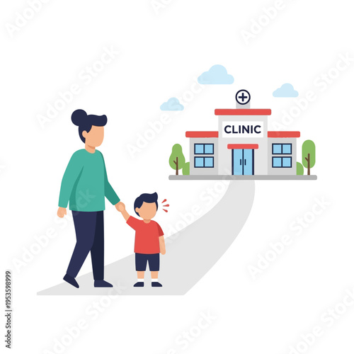 Woman with child walking towards clinic building for healthcare