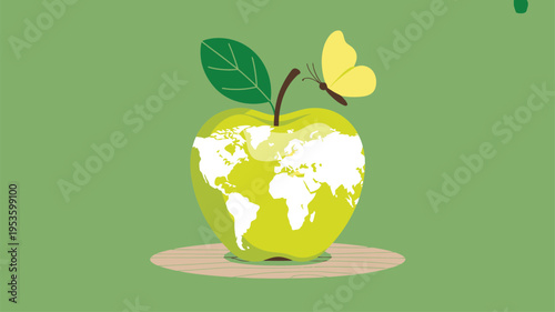 Green apple world map butterfly symbolizing environment