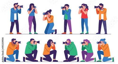 Photographers taking photos with camera, men and women capturing moments