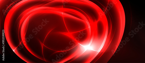 Abstract red energy swirls, bright center glow. Dynamic lines create captivating visual effect, dark background enhances intensity.