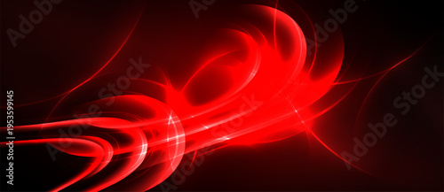 Abstract red energy flows, dynamic curves, glowing lines. Dark background emphasizes vibrant illumination, creating modern visual impact.