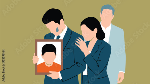 Grieving family holding child portrait
